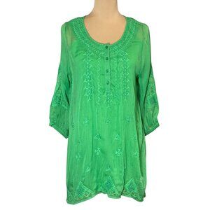 NWOT Anthropologie Boho Embroidered Tunic Top Sz L Green Cottage Peasant